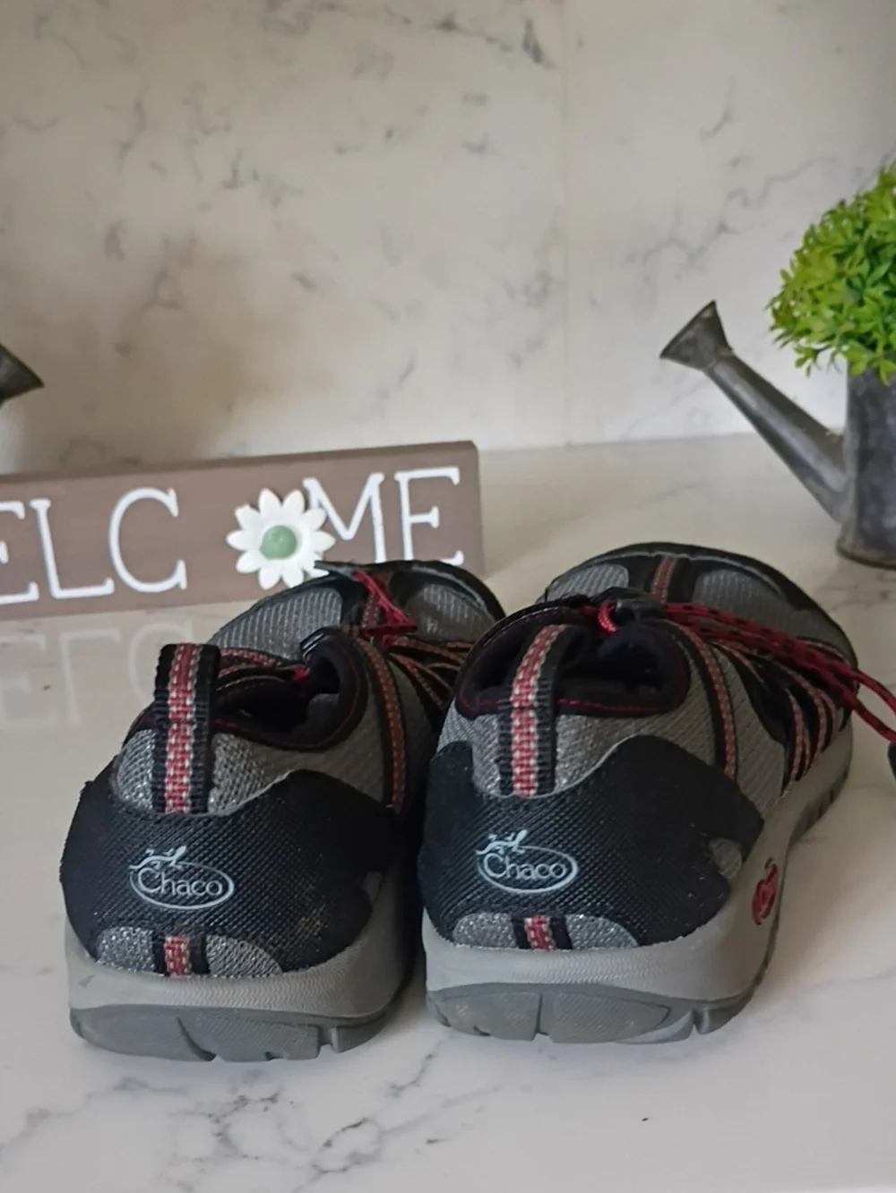 Chaco Kids Gray and Black Water Shoes with Red Laces